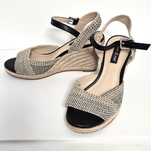 VIOLET & RED Wedge Heel Espadrille Shoes/Sandals. Black/Beige w/Ankle Straps. 8M - Picture 3 of 6